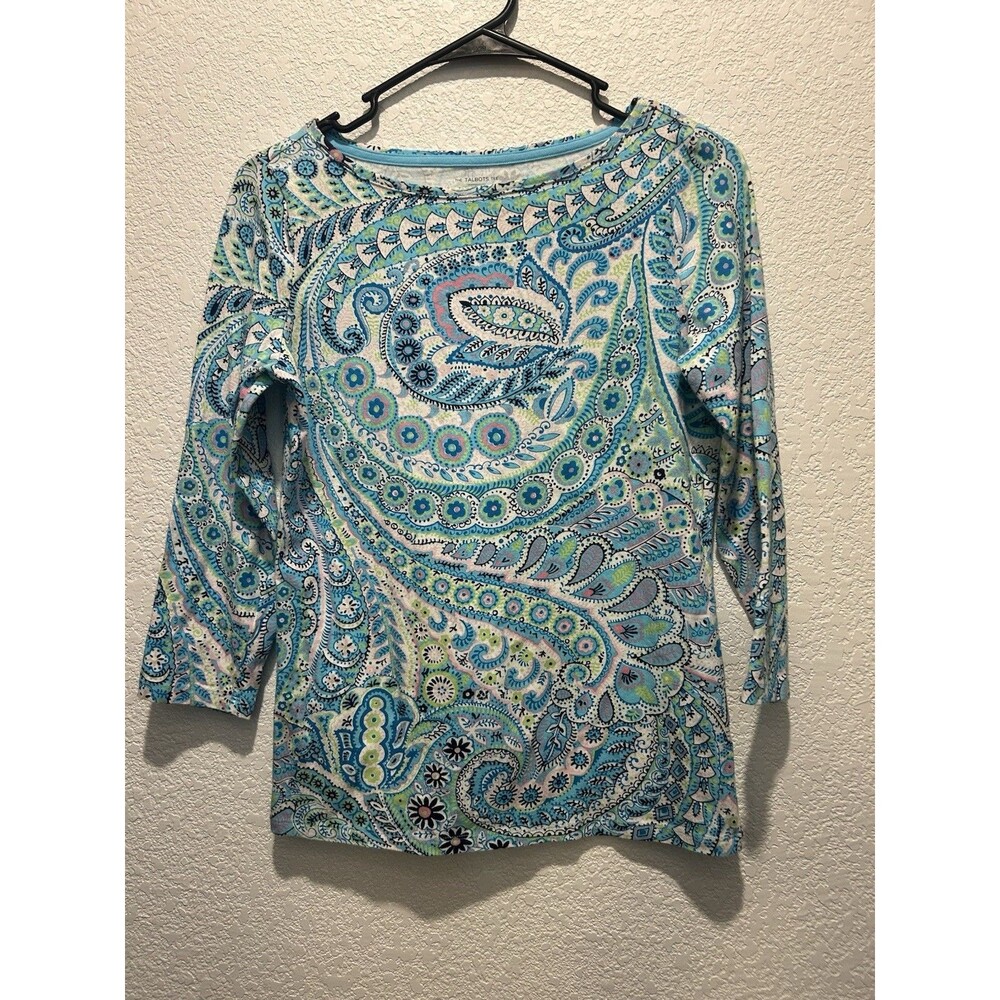 The Talbots Tee Blue Paisley Round Neck Cotton Stretch T-Shirt Sz XS 3/4 Sleeve